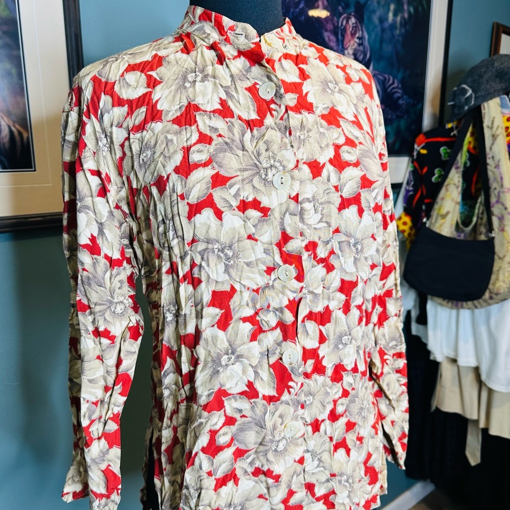 Carole Little Floral Red Beige Button-Up Blouse Career Cottagecore Size 4